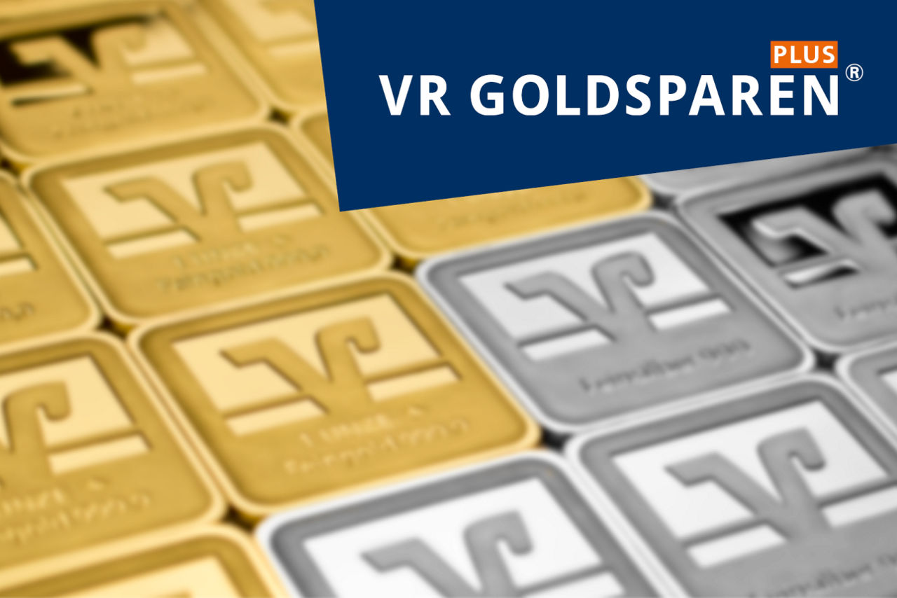VR Bank Logo auf Gold uns Silber, darauf das Logo vom VR Goldsparen Plus