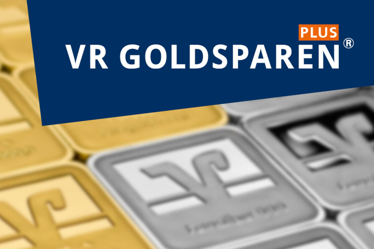 VR Bank Logo auf Gold uns Silber, darauf das Logo vom VR Goldsparen Plus