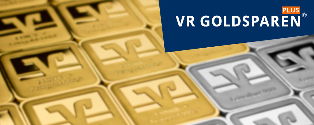 Gold und Silber mit VR Bank Logo, darauf das Logo vom VR Goldsparen Plus