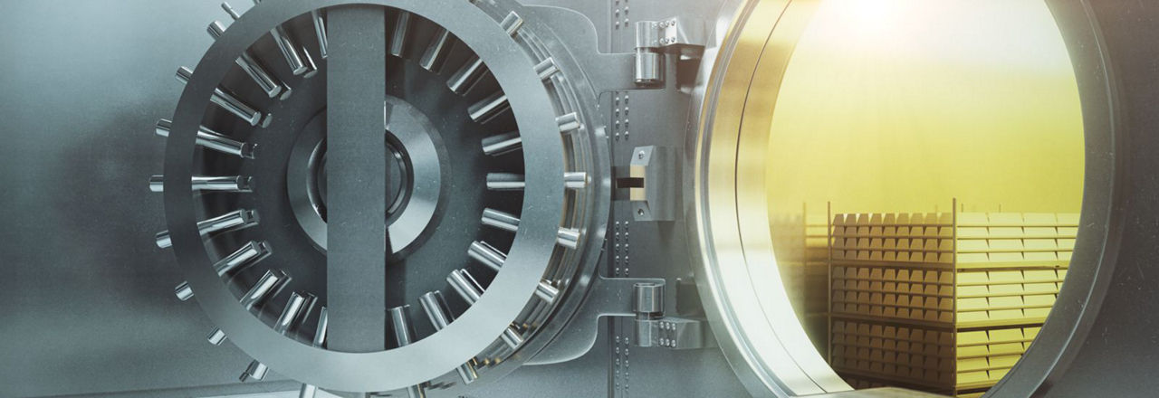 Sideview of an open bank vault with gold stacks. 3D Render