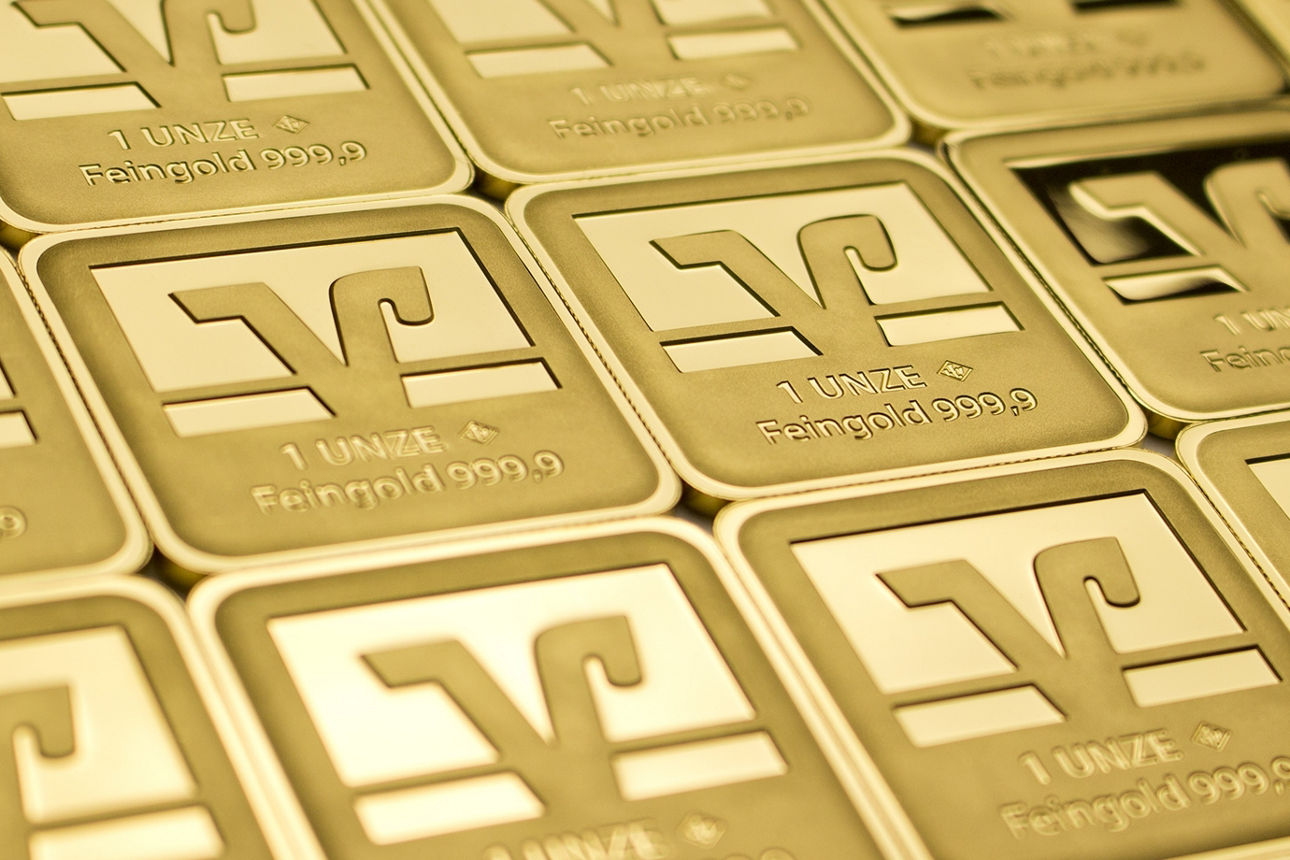 Mehrere 1 Unze Gioldbarren mit Logo der Volksbanken Raiffeisenbanken
