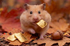 Hamster im auf Laub mit Goldnugget im Maul