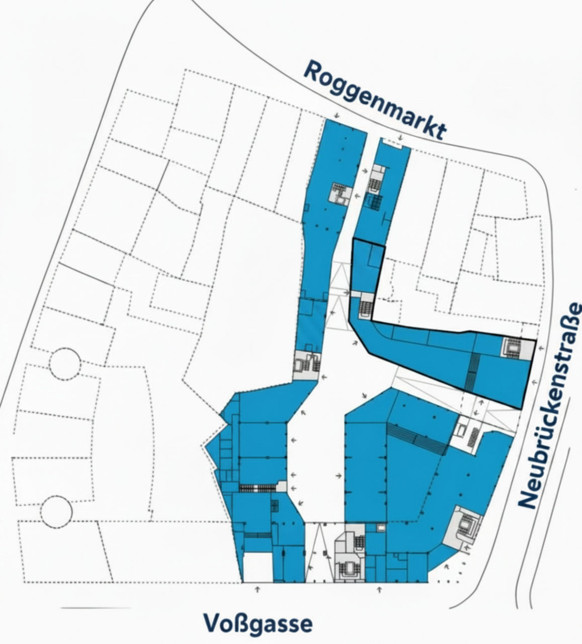 Durchlässigkeit, Begegnung und Austausch im MERCATUS QUARTIER und den dazugehörenden, farblich gekennzeichneten Gebäuden.