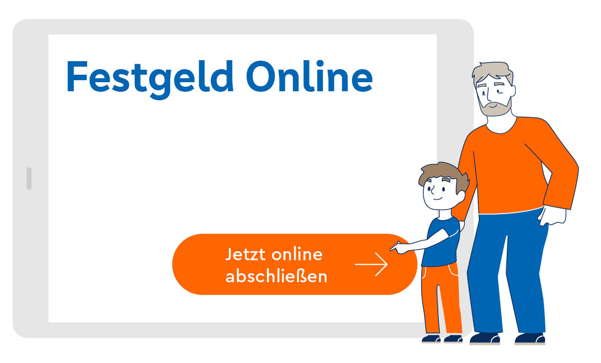 Illustration von Mann mit Kind, die das Festgeld auf ihrem Tablet geöffnet haben und mittes Klick auf den Abschlussbutton abschließen