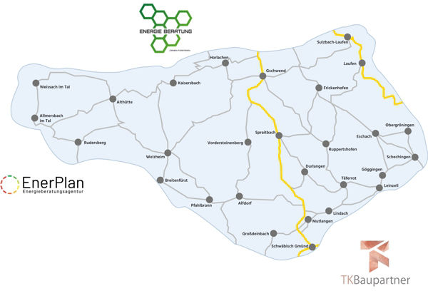 Die Karte zeigt eine stilisierte Übersicht einer Region mit zahlreichen Städten und Gemeinden, darunter bekannte Orte wie Schwäbisch Gmünd, Alfdorf, Mutlangen, Welzheim, Lorch, Frickenhofen, Lautern, Kaisersbach und viele mehr.