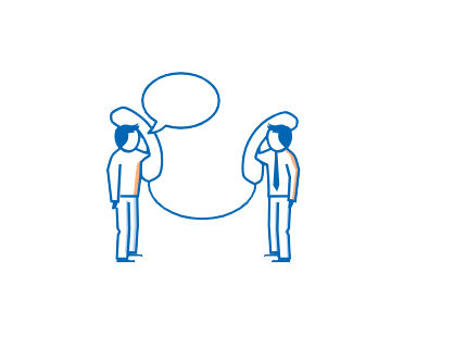Illustration zweier Personen, die über jeweils einen Telefonhörer und ein Kabel miteinander verbunden sind. Die linke Person hat eine leere Sprechblase neben ihrem Kopf.