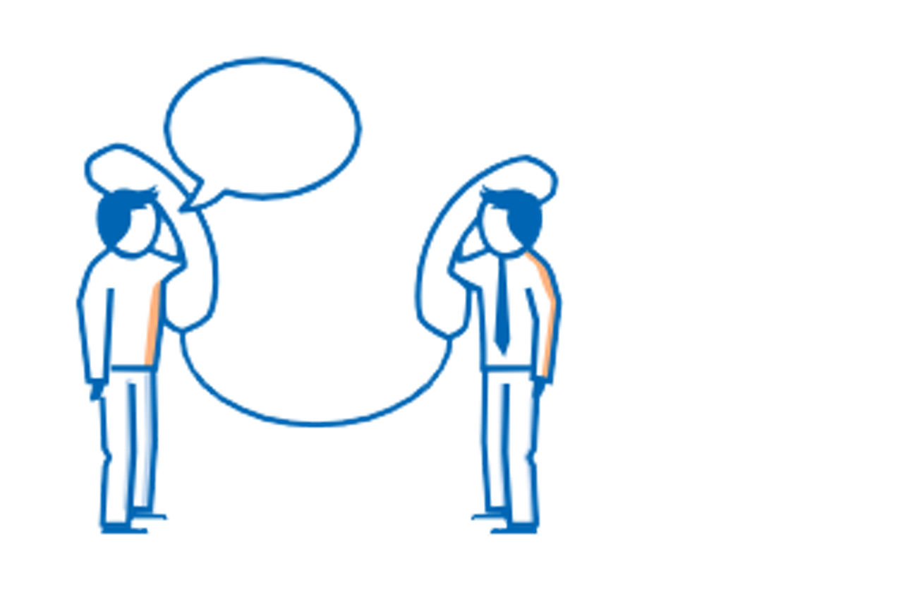 Illustration zweier Personen, die über jeweils einen Telefonhörer und ein Kabel miteinander verbunden sind. Die linke Person hat eine leere Sprechblase neben ihrem Kopf.