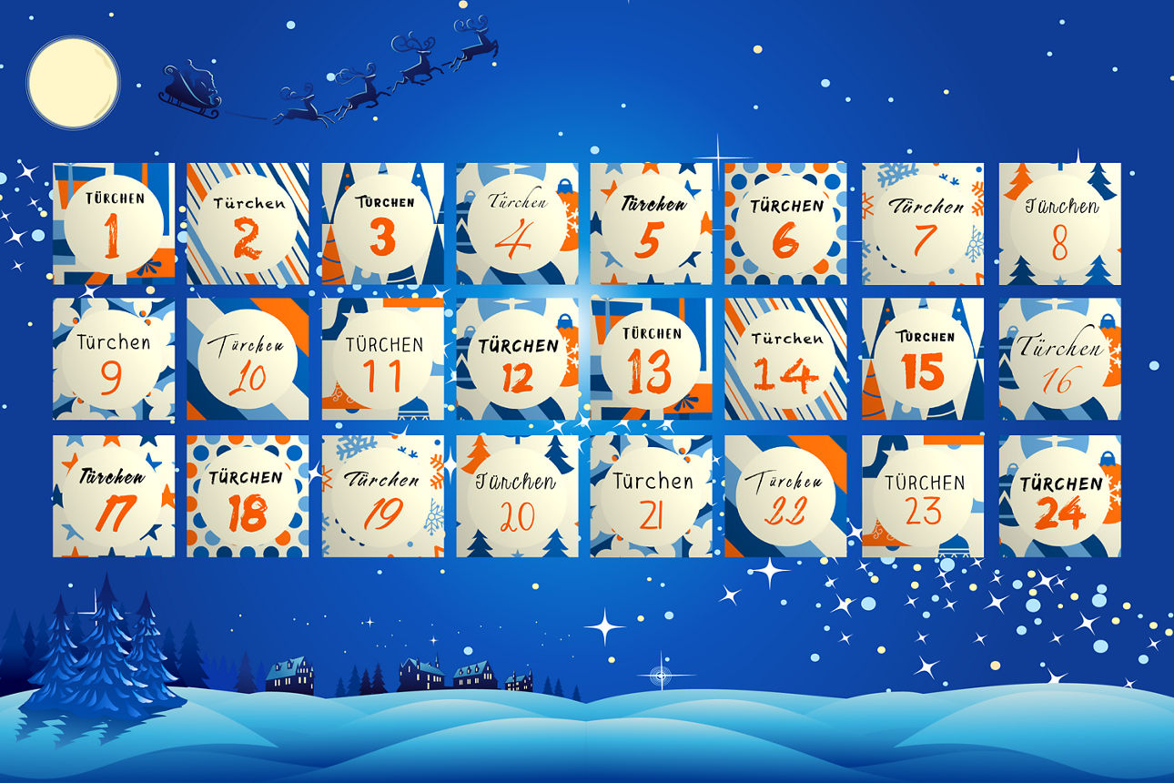 Die Grafik zeigt einen stilisierten Adventskalender. Im Vordergrund sind 24 durchnummerierte Quadrate in den VR Bank Farben Blau und Orange. Im Hintergrund ist eine dunkelblaue Schneelandschaft zu sehen. In der oberen linken Ecke ist ein heller Vollmond und der Schatten eines Weihnachtsschlitten mit vier Rentieren zu sehen. 