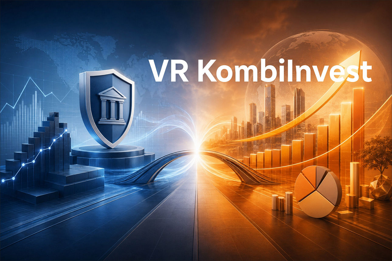 Sicherheitsschild  und aufsteigendes Diagram und Text VR KombiInvest