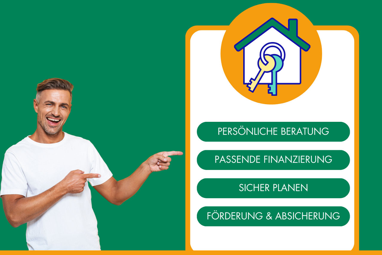 Ein Mann zeigt auf eine Grafik mit 4 Vorteilen der PSD Bau- und Immobilienfinanzierung.