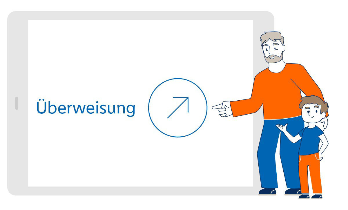 Illustration eines Mannes, der seinem Kind erklärt, wie er Geld auf sein Konto überweist