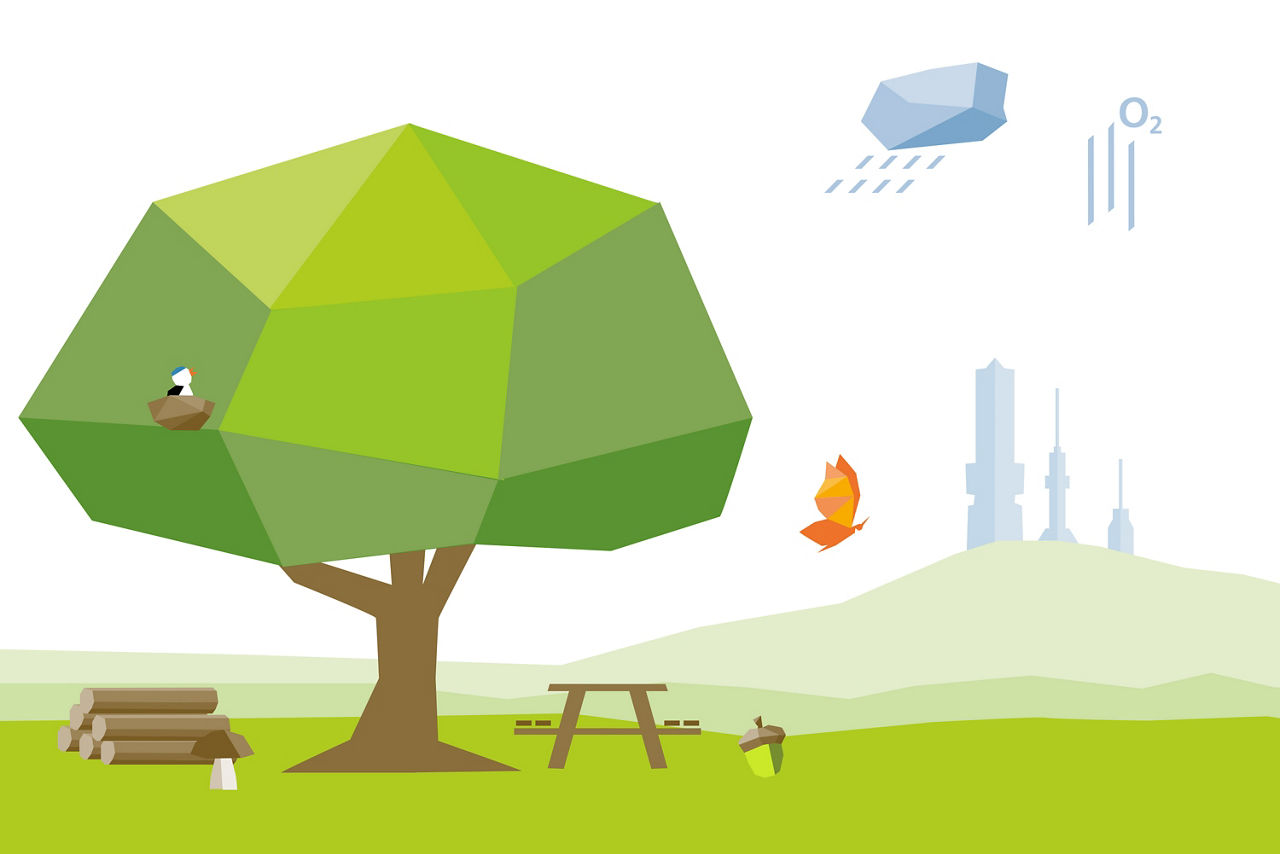 Illustration zeigt eine Grünfläche mit einem großen Baum im Vordergrund und einer im Hintergrund gelegenen Stadt