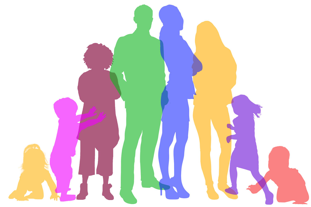 bunte Grafik mit Menschsilouhetten von Baby bis Erwachsener