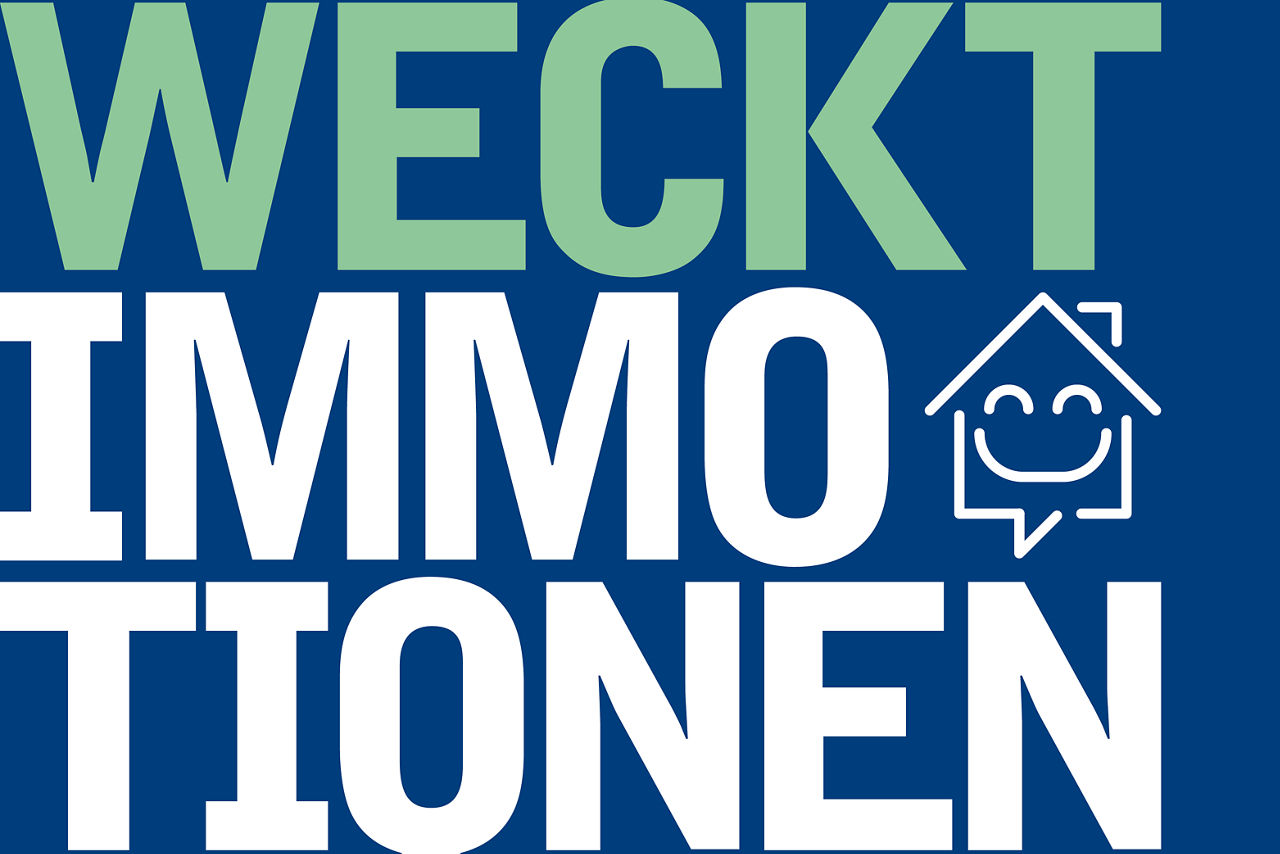 "Weckt Immotionen" als Schriftzug auf blauem Hintergrund