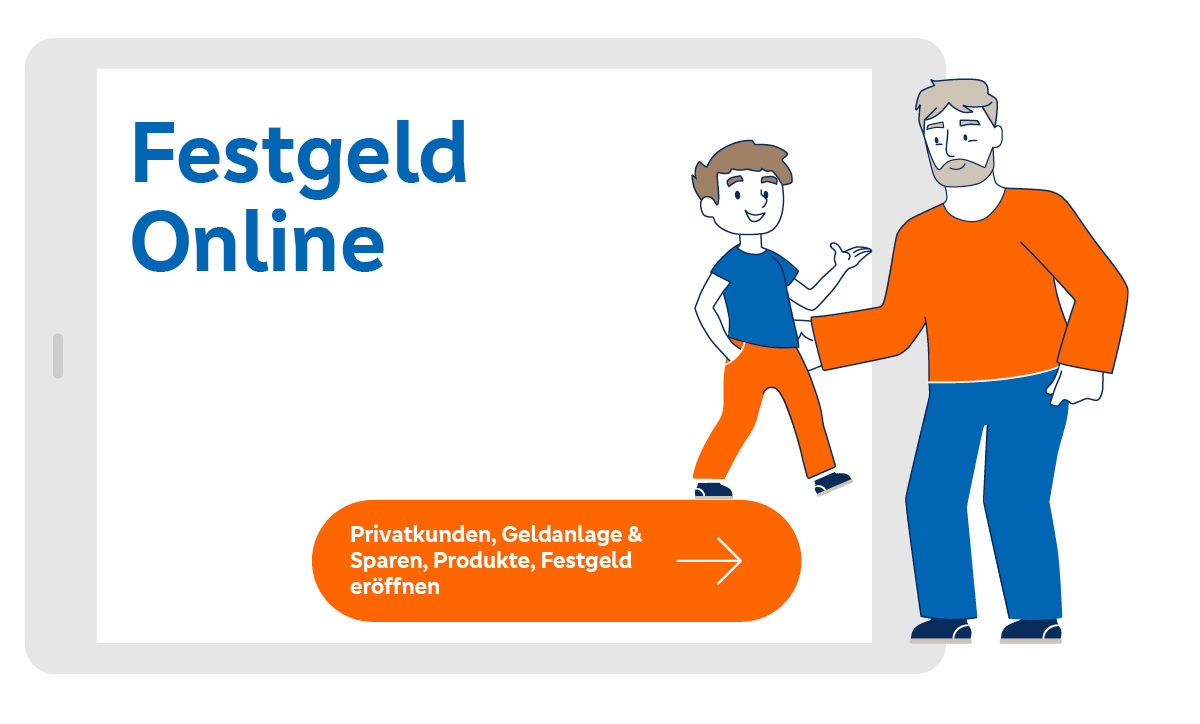 Illustration zeigt Kind, welches auf dem Button zur Festgeld Online-Eröffnung steht