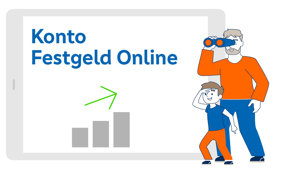 Illustration zeigt Mann mit Kind, die sich mittels Fernglas die Zinsentwicklung Ihres Festgeldkontos ansehen