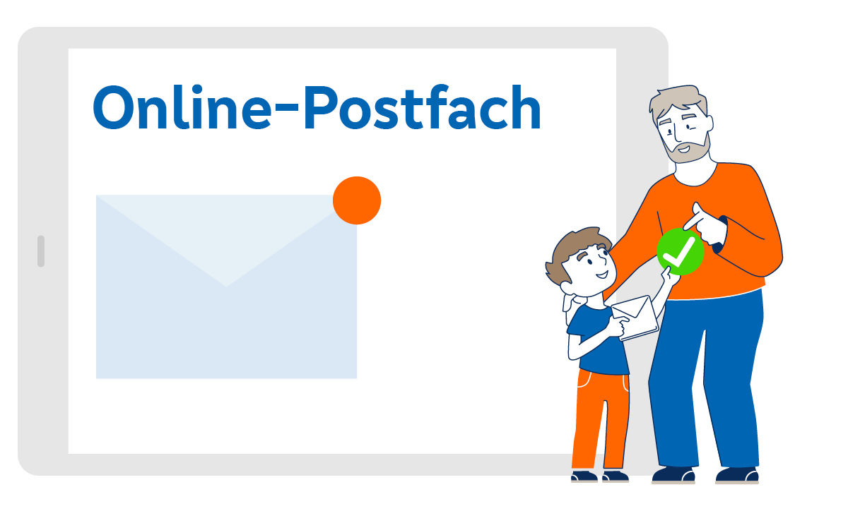 Illustration zeigt Mann mit Kind, welche sich über eine Nachricht in Ihrem Online-Postfach freuen