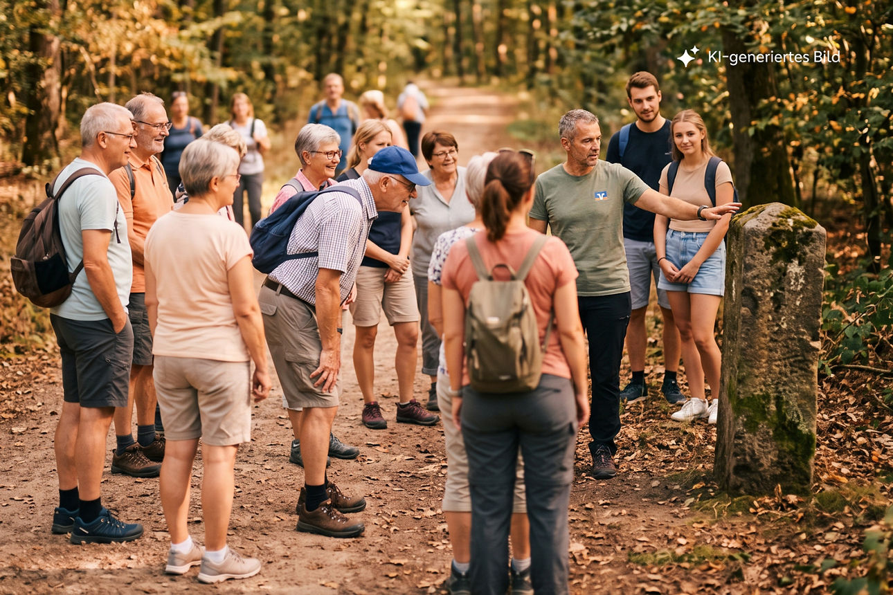 Eine Wandergruppe mit Menschen unterschiedlichen Alters steht auf einem Waldweg um einen moosbewachsenen Grenzstein, während ein Guide auf den Stein zeigt und ihn erklärt.