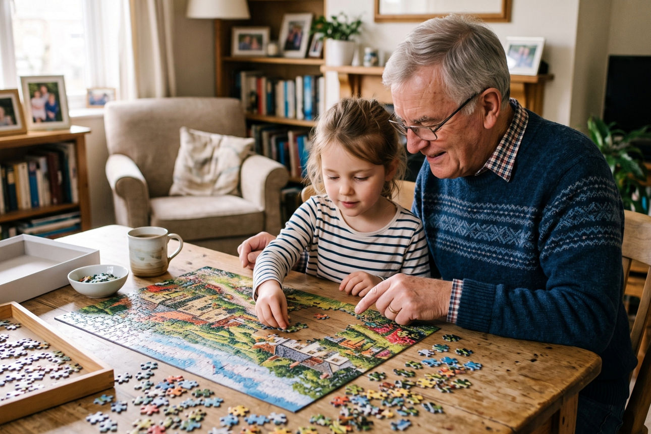 Ein Großvater puzzlet gemeinsam mit seiner Enkeltochter