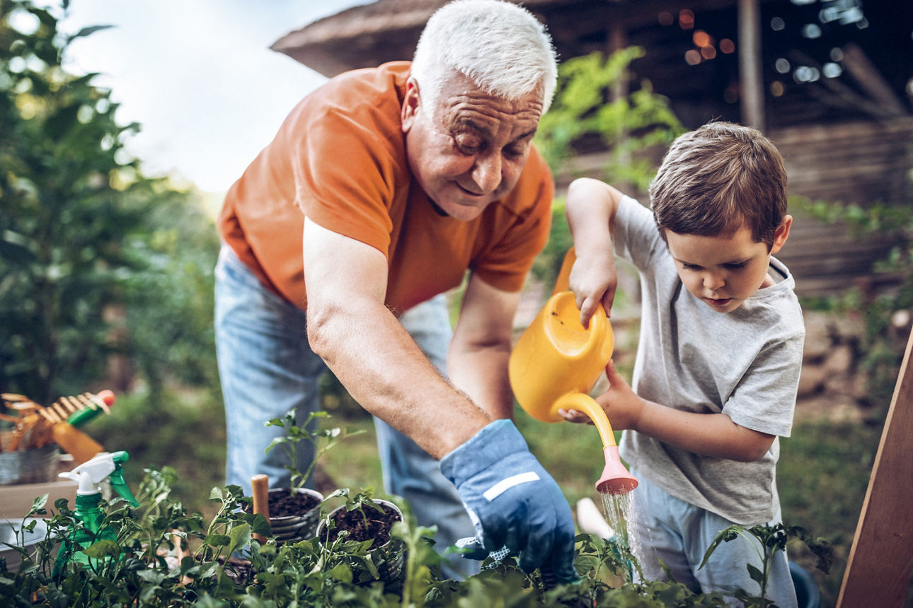 Werbegrafik: Sparangebot mit Großvater und Kind beim Gärtnern, Fokus auf Geldanlage.