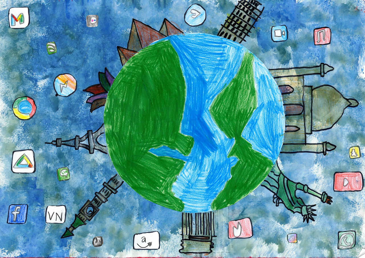 Erdkugel zentriert mit Digitalen Apps Icon darum
