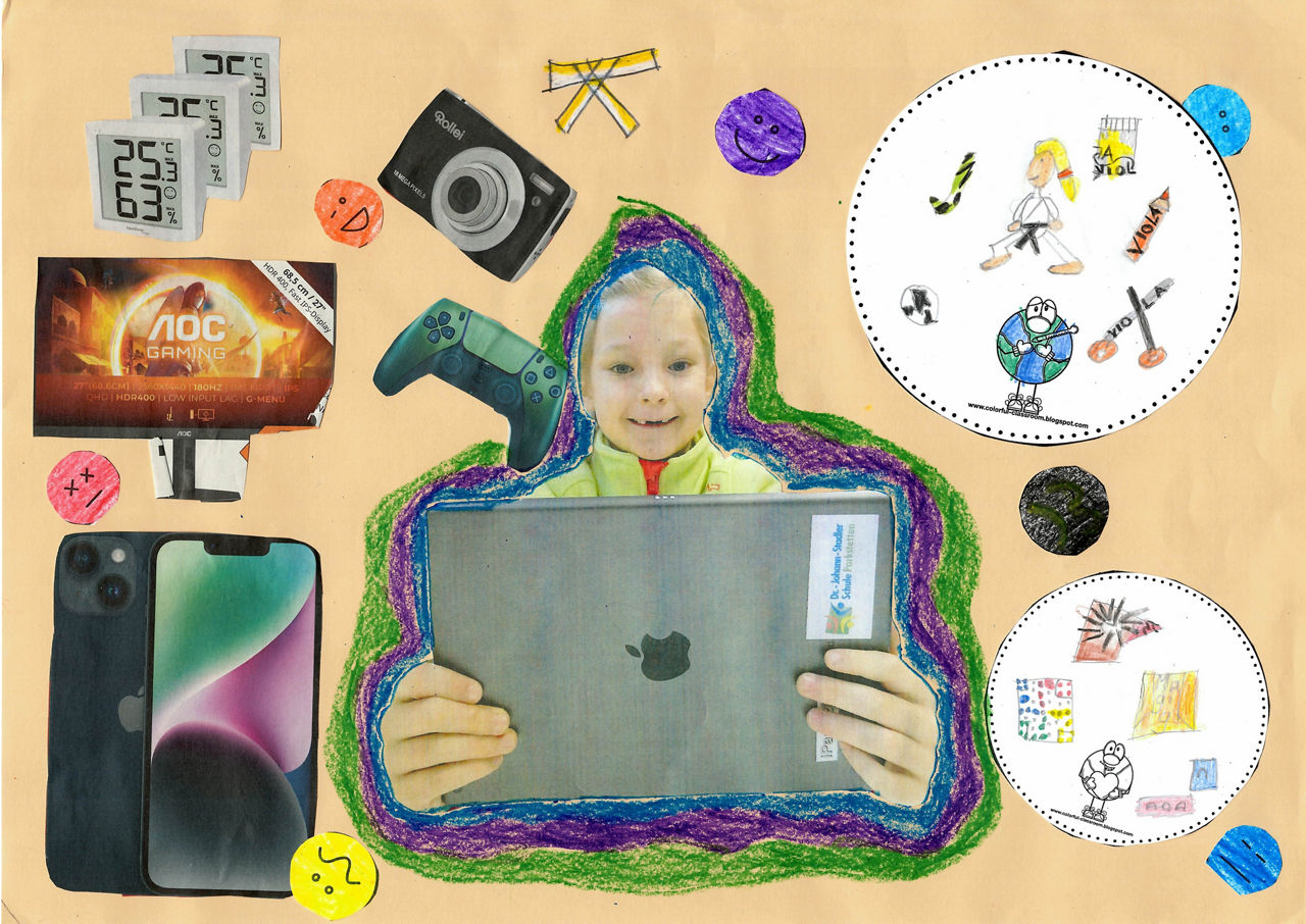 Mädchen mit Tablet und ausschnitte aus Zeitungen mit Digitalen Geräten