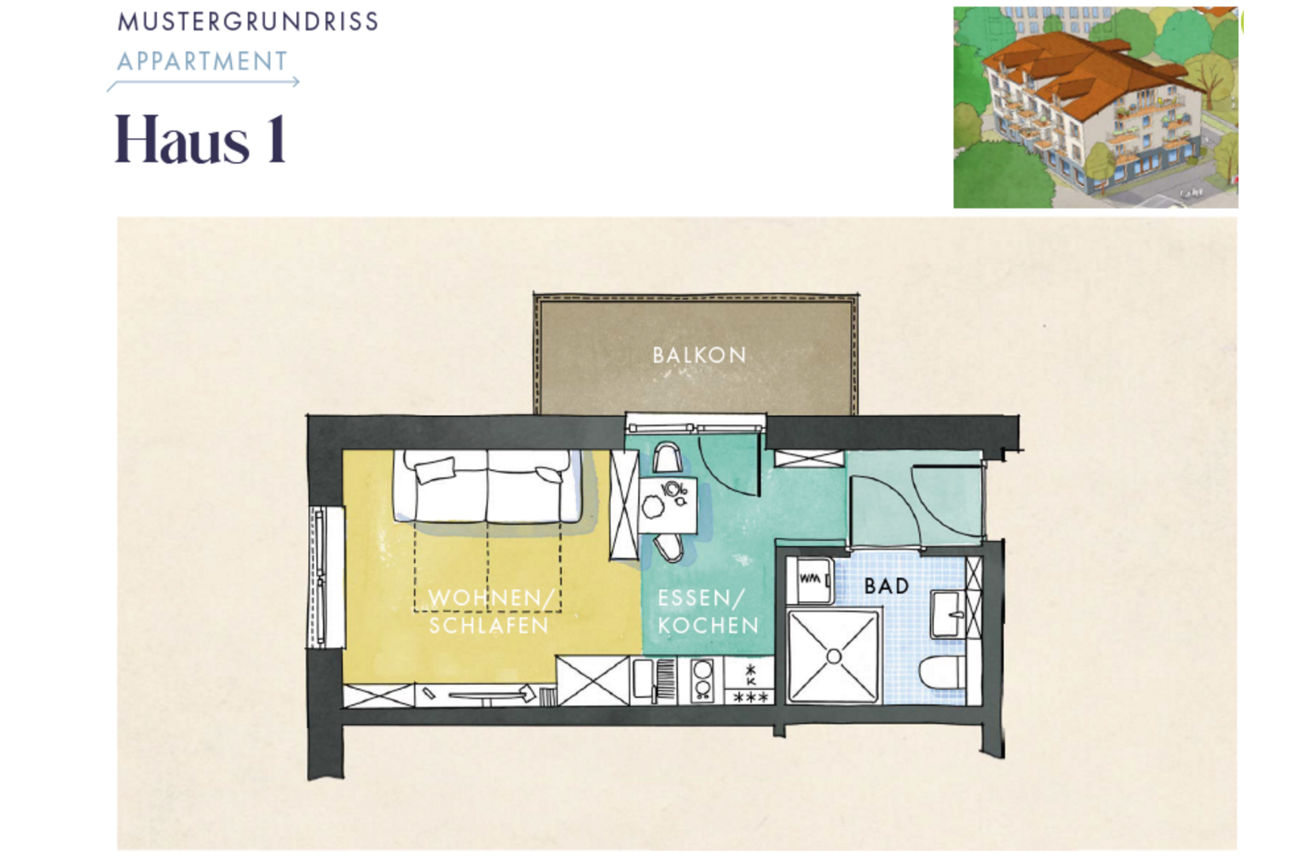 Ein Grundriss eines Apartments in "Haus 1" mit einem Balkon. Die Räume sind als "Wohnen/Schlafen", "Essen/Kochen" und "Bad" beschriftet. Oben rechts ist eine Illustration des Hauses zu sehen.