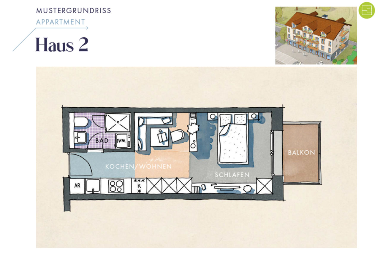 Ein Grundriss eines Apartments in "Haus 2" mit einem Balkon. Die Räume sind als "Bad", "Kochen/Wohnen" und "Schlafen" beschriftet. Oben rechts ist eine Illustration des Hauses zu sehen.