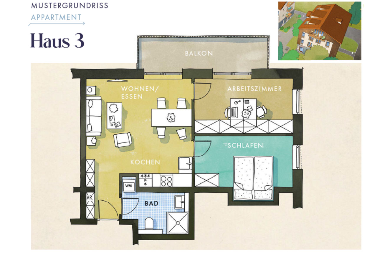 Ein Grundriss eines Apartments in "Haus 3" mit einem Balkon. Die Räume sind als "Wohnen/Essen", "Arbeitszimmer", "Schlafen", "Kochen" und "Bad" beschriftet. Oben rechts ist eine Illustration des Hauses zu sehen.