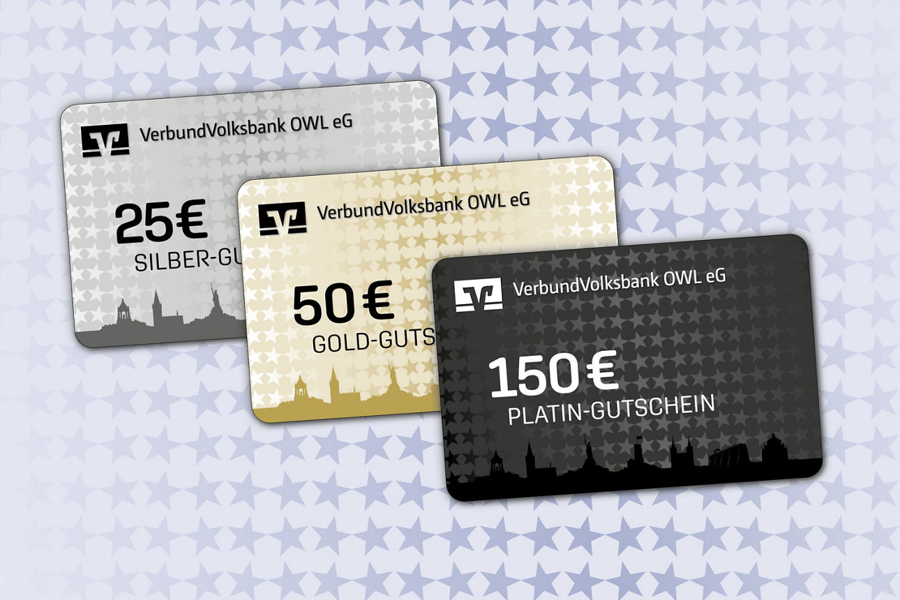 Abbildung der Gutschein-Karten der VerbundVolksbank OWL über 25, 50 und 150 Euro