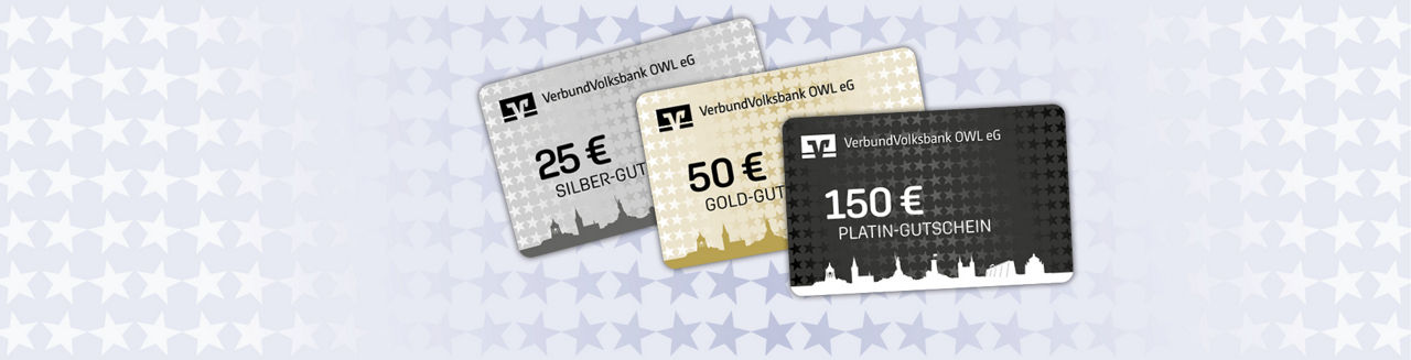 Abbildung der silbernen, goldenen und Platin-Gutschein-Karte der VerbundVolksbank OWL