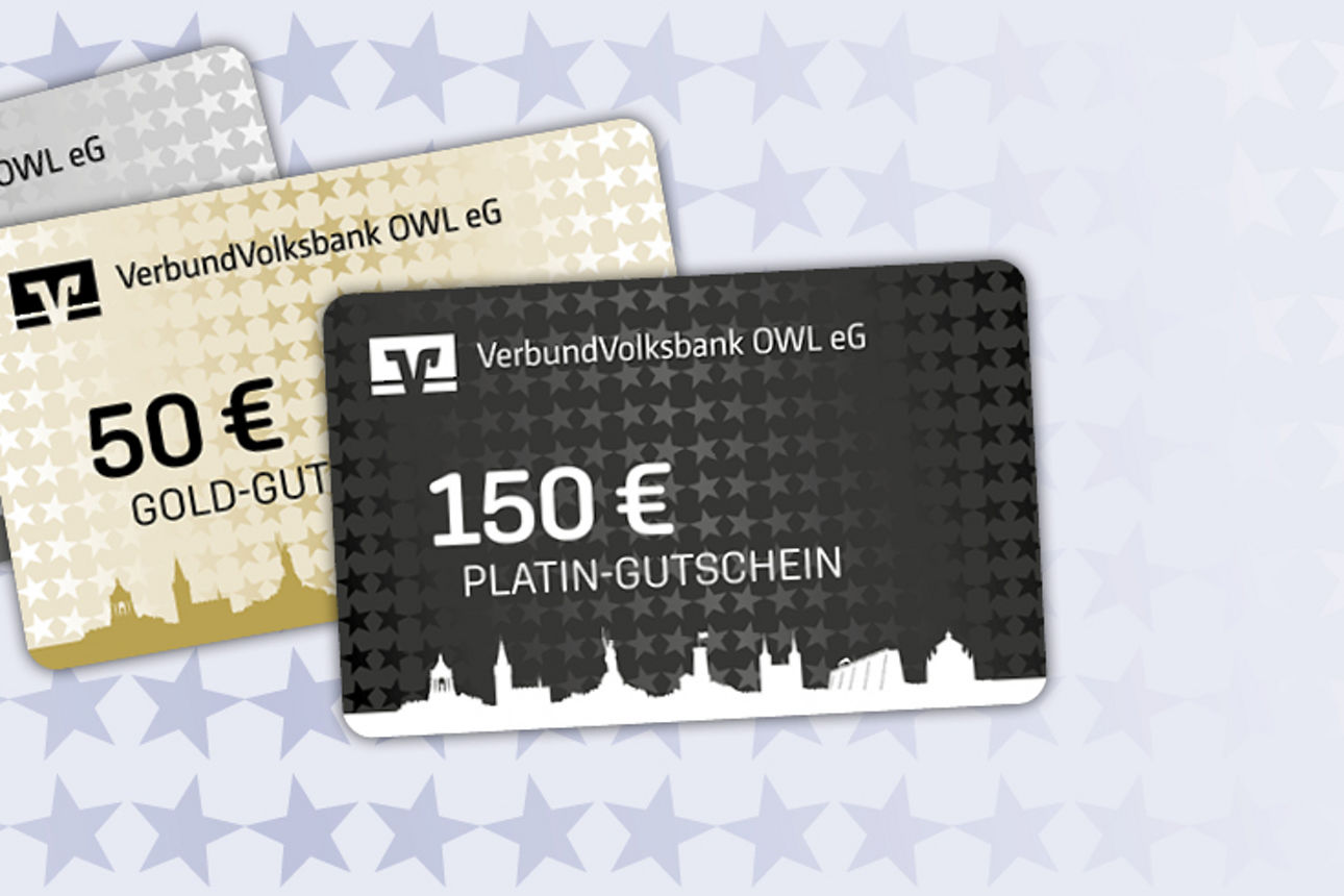 Abbildung der Gutschein-Karten der VerbundVolksbank OWL über 25, 50 und 150 Euro