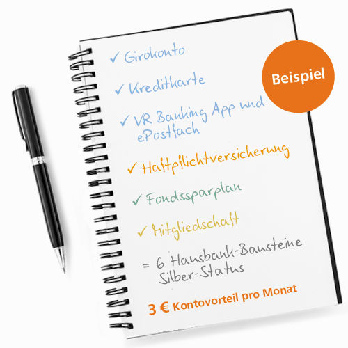 Ein Notizbuch mit einer Liste an Finanzprodukten, einem Kulli farbigen Häkchen und einem Beispielhinweis.