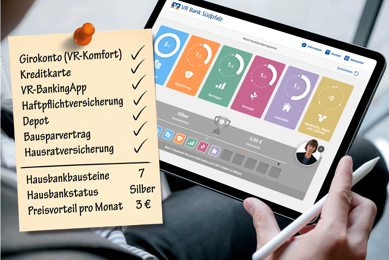 Checkliste Notizzettel mit Bausteinen im Vordergrund, Tablet mit Hausbankprogramm im Hintergrund.