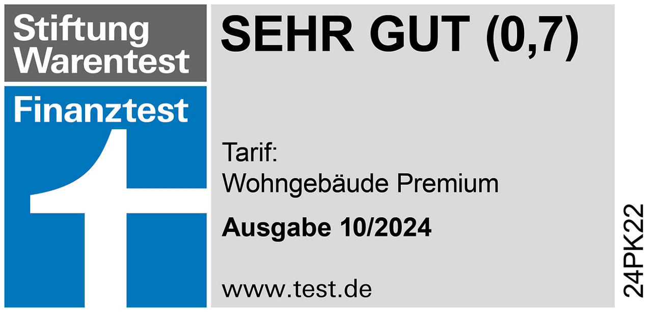 Testsiegel Sehr gut der Stiftung Warentest für den Tarif Wohngebäude Premium