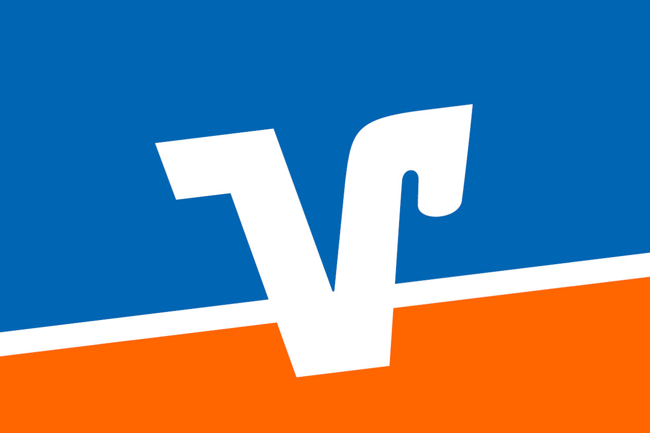 Markenzeichen der VR Banken auf blau orangen Hintergrund