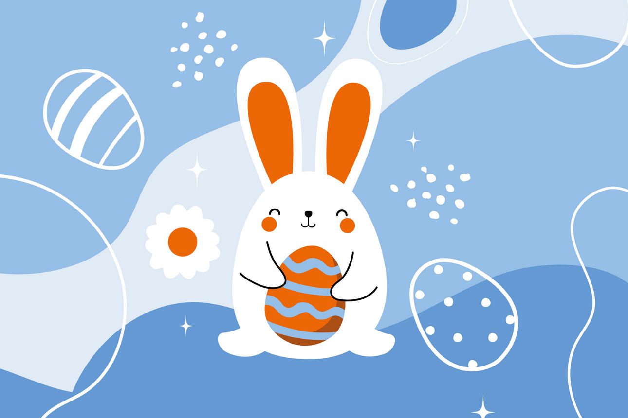 Ilostration eines Osterhasen mit Ostereiern