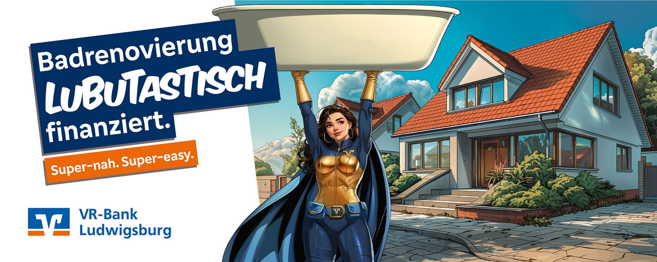 Superheldin im VR-Bank Design vor dem Slogan "Badrenovierung Lubutastisch finanziert"