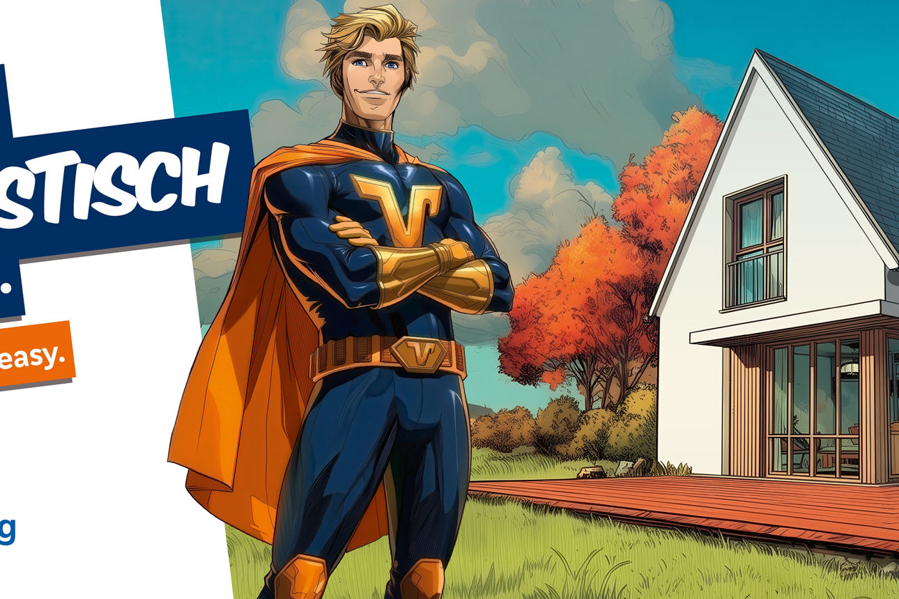 Unser Superheld vor einer Immobilie