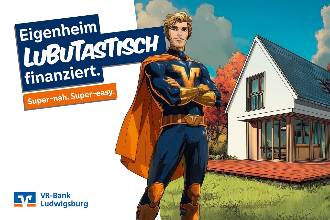 Unser Superheld vor einer Immbilie