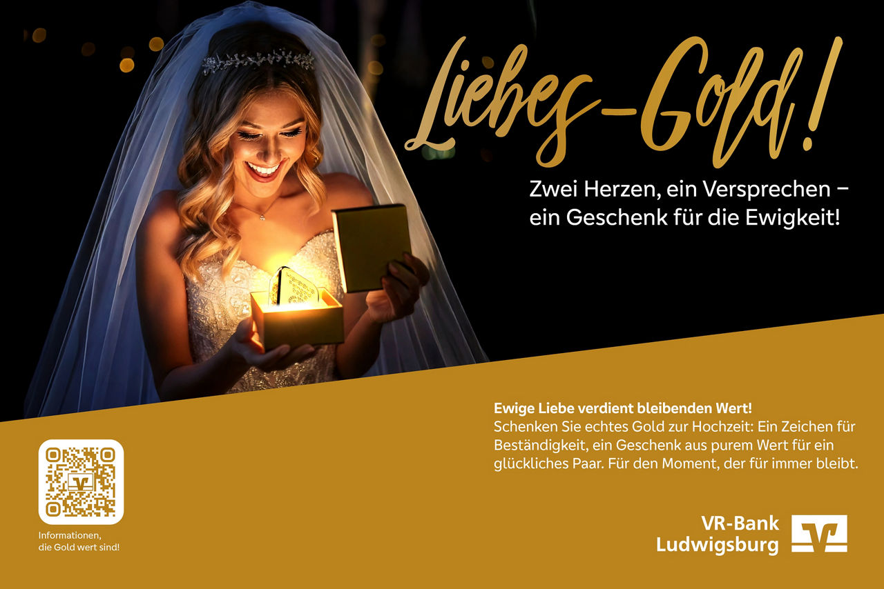 Frau im Hochzeitskleid mit Schachtel voller Gold und dem Slogan "Liebes-Gold"