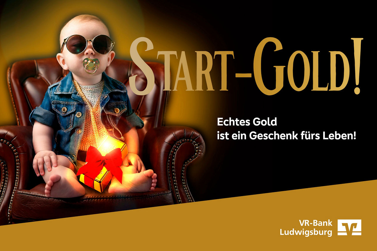Baby mit Sonnenbrille sitzt in einem Ledersessel und hält ein leuchtendes Goldgeschenk; Werbemotiv der VR-Bank.