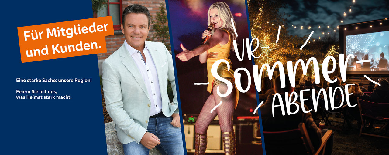 Stefan Mross und Victoria (Helene Fischer Double) in einer Collage vor dem Schriftzug VR-SommerABENDE