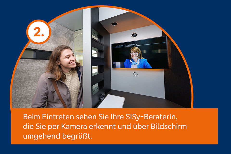 Beim Eintreten sehen Sie Ihre SISy-Beraterin, die Sie per Kamera erkennt und über Bildschirm umgehend begrüßt.