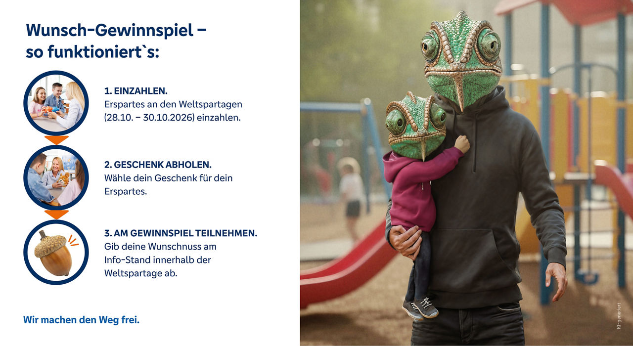 Wunsch-Gewinnspiel - So funktioniert's: Erklärungen und Chamäleon mit Chamäleon Kind auf dem Arm.