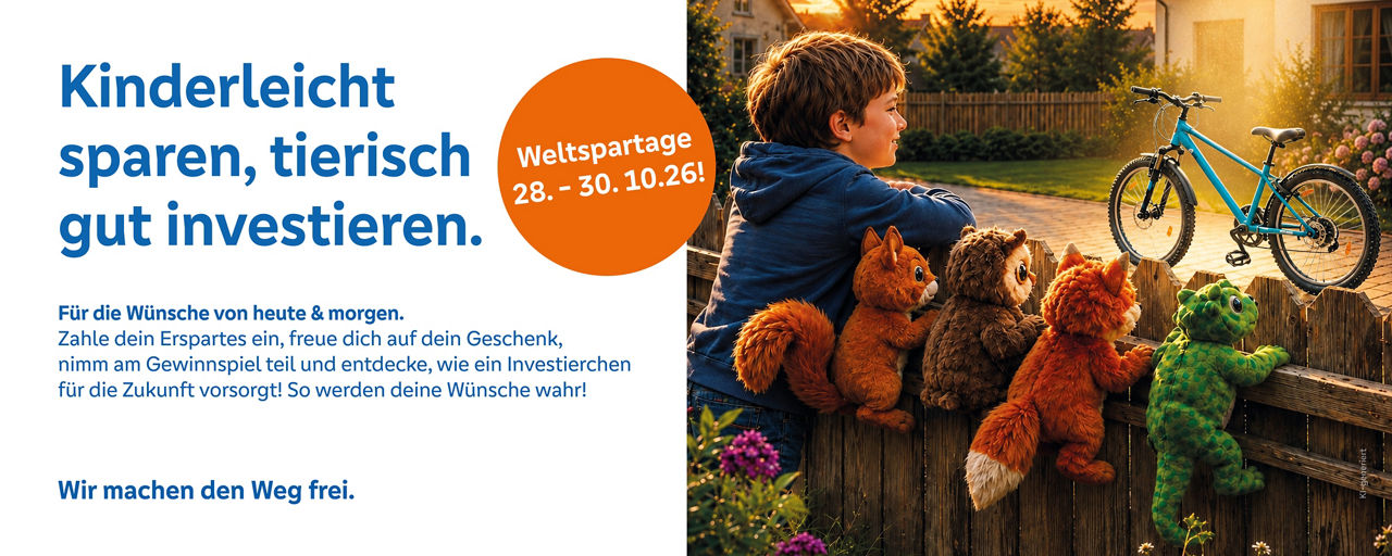 VR-Bank Ludwigsburg wirbt zum Weltspartag 2026 mit "Kinderleicht sparen, tierisch gut investieren."