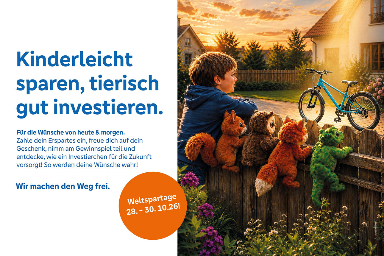 VR-Bank Ludwigsburg wirbt zum Weltspartag 2026 mit "Kinderleicht sparen, tierisch gut investieren."