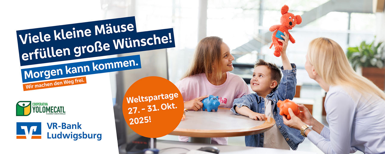VR-Bank Ludwigsburg wirbt zum Weltspartag 2025 mit Kind, Mutter und Spardosen unter dem Motto „Viele kleine Mäuse erfüllen Wü