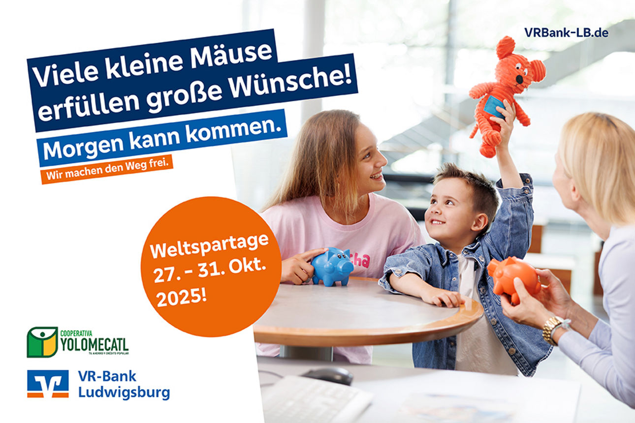 VR-Bank Ludwigsburg wirbt zum Weltspartag 2025 mit Kind, Mutter und Spardosen 