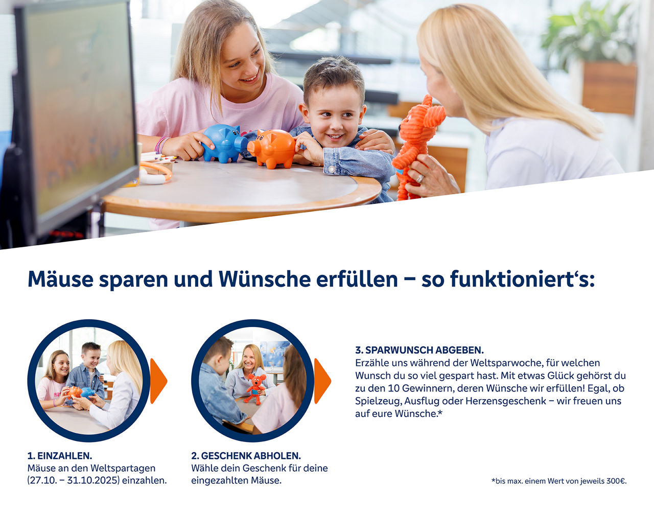 VR-Bank Ludwigsburg erklärt Weltspartage-Aktion 2025: Einzahlen, Geschenk abholen, Sparwunsch abgeben und gewinnen.